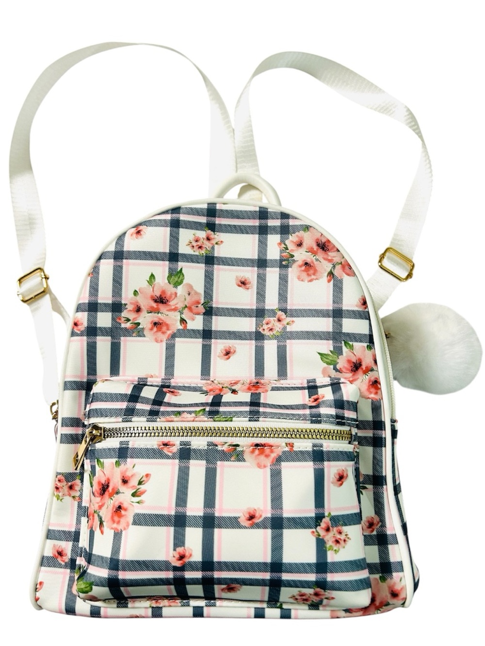 Floral Plaid Small Backpack & PomPom keychain Pink-White-Like Dreams-Girls-Women
